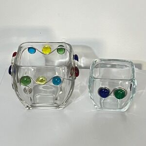 Set of‎ 2 Clear Glass Votive Candle Holders Colorful Wire Wrapped Marbles Square